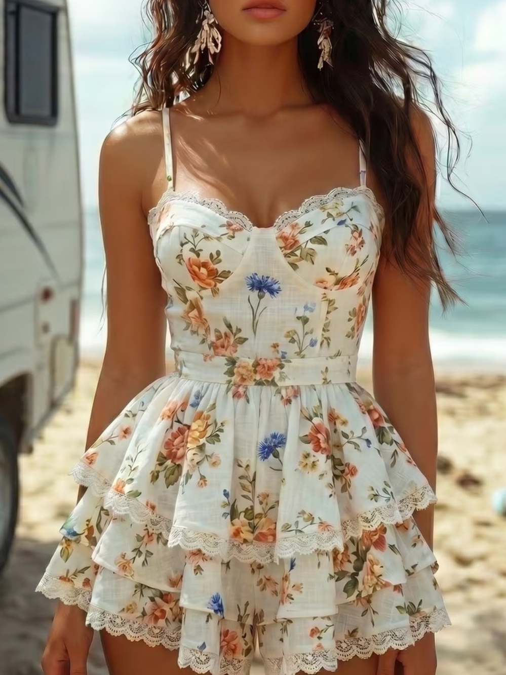 Floral Lace-Trim Tiered Romper - White Floral